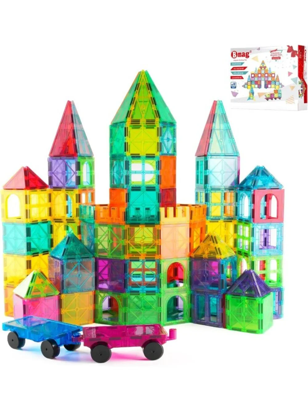 Magnetic Building Tiles Set 130PCS with Cars | 3D STEM Toys for Kids 3-9+ | Gift
